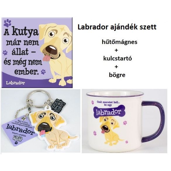 Labrador kutyás ajándék szett - hűtőmágnes+kulcstartó+bögre
