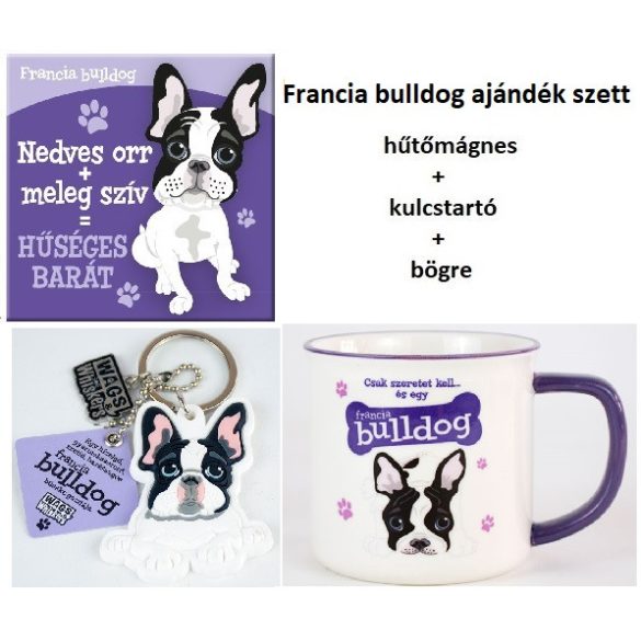 Francia bulldog kutyás ajándék szett - hűtőmágnes+kulcstartó+bögre